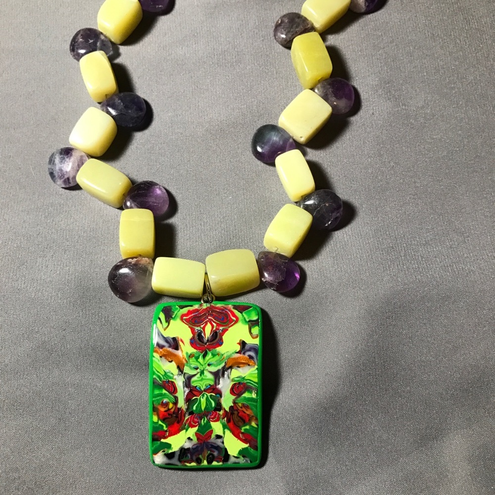 Handmade statement necklace.Polymer clay pendant. boho style